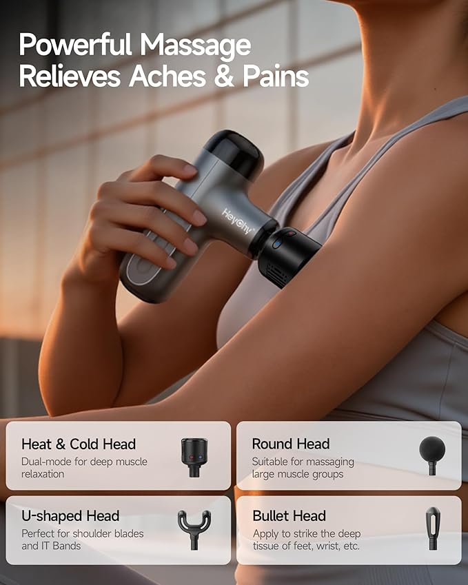 Mini Massage Gun with Heat and Cold, Deep Tissue Massage Gun, Portable Percussion Muscle Massager with 4 Massage Heads for Athletes