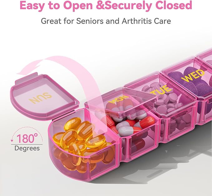 Large Pill Organizer Weekly - SHIJOINYU 7 Day Pill Box with Easy-Open Design, Daily Medicine Pill Organizer for Vitamins, Supplements, Fish Oils and Medications - Pink