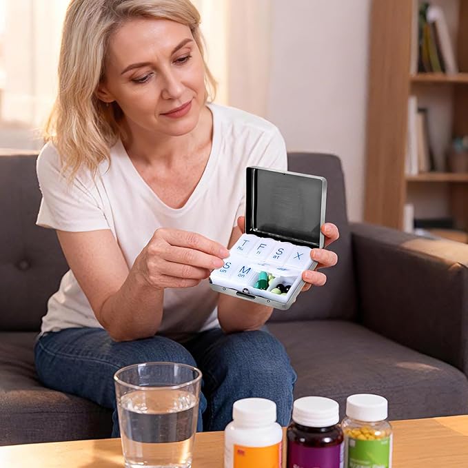 Portable Metal Travel Pill Organizer (7 Days a Week), Large Capacity 8 Compartments, BPA-Free (M-Antique Silver, Medium)