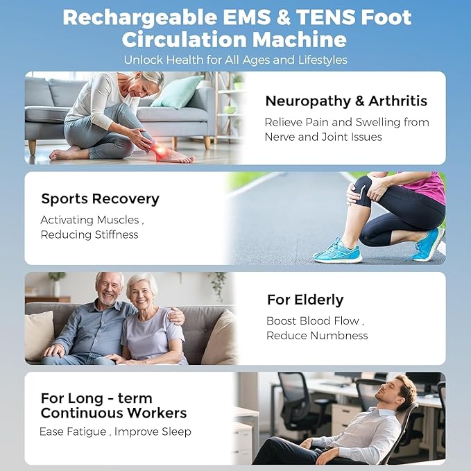 EMS Foot Massager for Neuropathy,NMES Foot Circulation Stimulator for Pain Relief, Plantar Fasciitis & Muscle Recovery,TENS Unit Muscle Stimulator with 4 Electrode Pads,10 Modes 20 Intensities