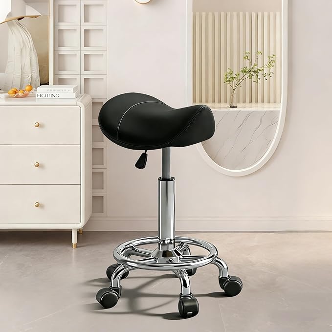 Saddle Stool with Ring Pedal, Adjustable Hydraulic Rolling Chair with Wheels for Medical, Massage, Salon, Spa, Kitchen, and Drafting Use
