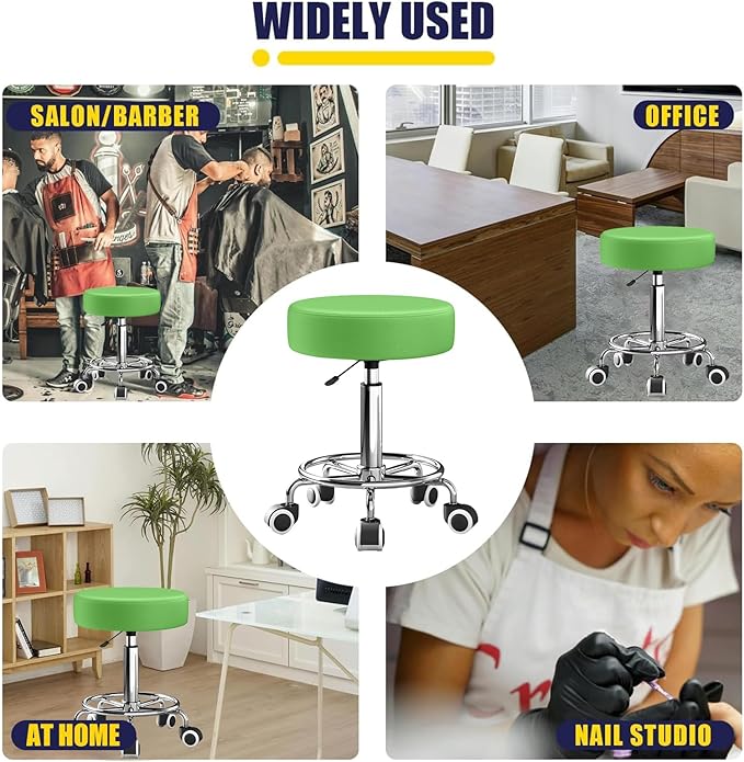 Rolling Stool, Heavy Weight Capacity 250lb, PU Leather Rolling stools, Ultra Soft Padded Seat, Rolling Stools with Wheels and Footrest, 360° Swivel, Spa Drawing Salon Work Office Tattoo Stool (Green)