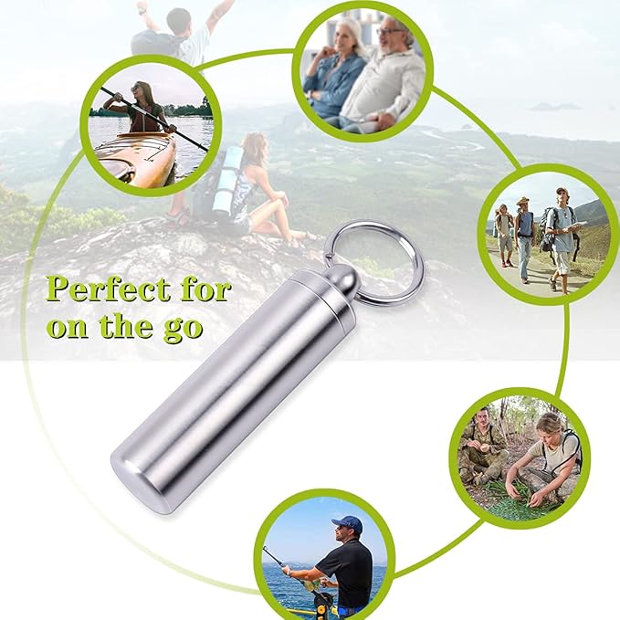 Keychain Pill Holder Container,Portable Waterproof Single Chamber Stainless Steel Pill Box,Small Pill Case for Outdoor Travel Camping