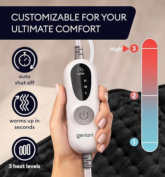 GENIANI Electric Heating Pad for Back Pain & Cramps Relief, Electric Throw, Auto Shut Off, Machine Washable, Double Sided Heating Pad for Neck & Shoulder (12×24", Charcoal Black)