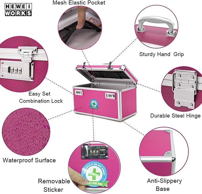 Lockable Medication Box with Portable Storage Case, 14.2''x 7.2''x 8.2'', Childproof Medicine Lock Organizer, Locking Box for Secure Cash, Jewelry, ID Documents (Pink/Large)