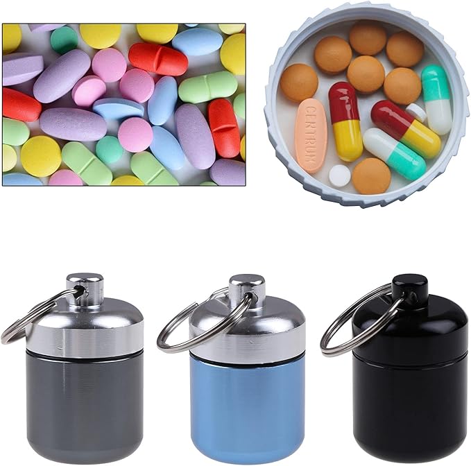 Pill Box Keychain Mini Pill Holder for Outdoor Travel Waterproof Aluminum Alloy Pill Case Pill Fob Small Pill Organizer Pill Box Keychain Pill Holder Micro Cute Waterproof Small Black Aluminum mini