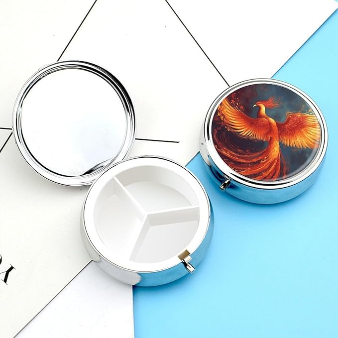 Orange Red Phoenix Pill Box Travel Pill Case for Purse Pocket Weekly Medicine Organizer with Mirror 3 Compartment Round Medicine Case Portable PillcaseHolder for Daily