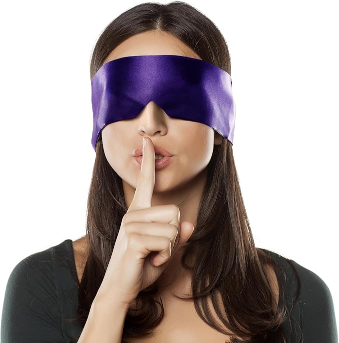 FRESHME Satin Eye Mask - Soft Sleep Mask Adjustable Eye Cover Blindfold for Night Meditation Travel Nap Sleep Eye Mask for Women Men Side Sleeper Valentine's Day Gift Black and Deep Purple 160cm/63in