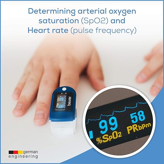 Beurer PO50 Fingertip Pulse Oximeter, Blood Oxygen Saturation & Heart Rate Monitor, 4 Colored Graphic Display Formats, Extra-Small & Light, Strap & Batteries Included