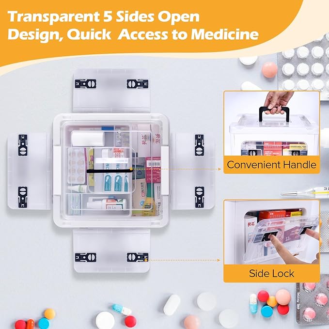 18QT Medicine Storage Box with Handles, Large Capacity First Aid Box, Clear Medical Supply Organizer with Removable Tray, Multipurpose Plastic Medicine Chest with Wheels