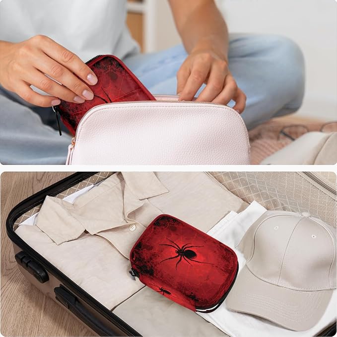 Red Spider Web Pill Case Everyday Travel, 7 Day Weekly Medicine Pill Box Compact Portable Pills Bottle Organizer with Zipper for Daily Vitamin Medicine Holder Bottle Organizers Bag