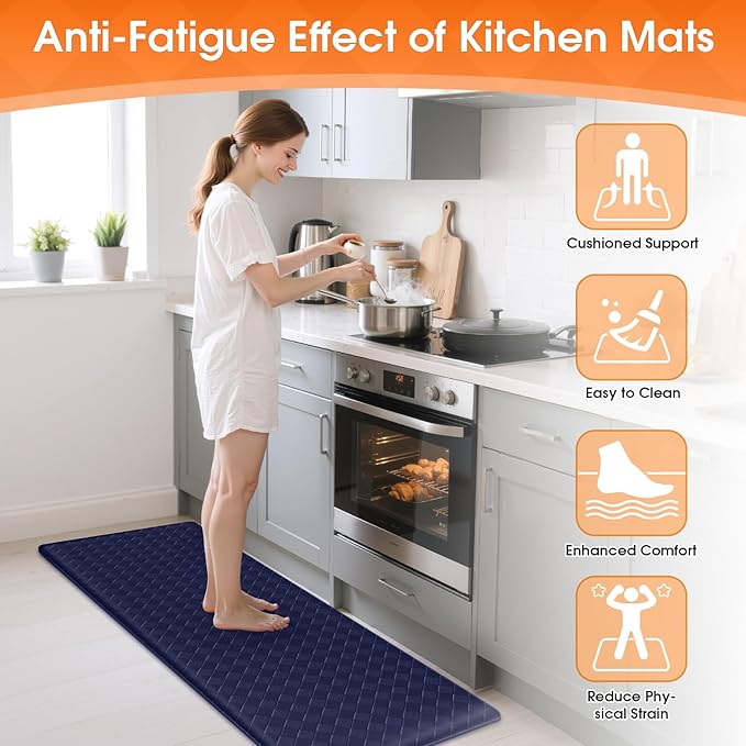 Kitchen Mats, 2PCS Kitchen Rugs, Cushioned Anti Fatigue Kitchen Mats for Floor, Non-Slip Standing Desk Mat, Waterproof Kitchen Rug Set for Kitchen, Floor, Office,17.3"×30"+17.3"×47",Blue