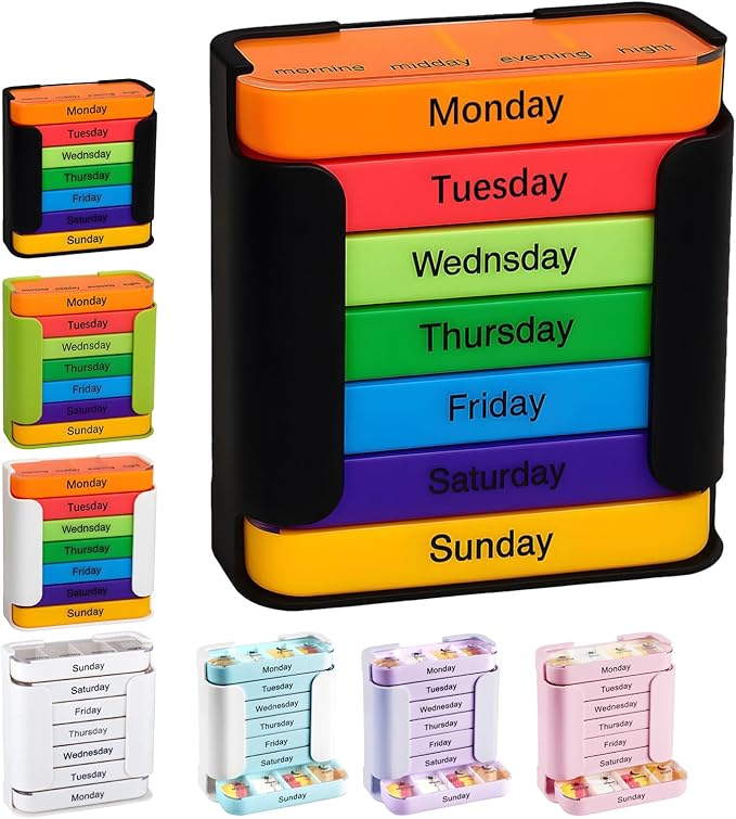 7-Day Weekly Medication Organizer - Stay on Track Medication Organizer with 7 Stackable Compartments, Four Times-a-Day (Morning, Noon, Evening, Bedtime) for Organized Pill Taking (Black)