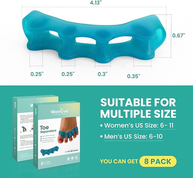 Welnove Silicone Toe Separators for Correct Bunion - 8 Pack Toe Spacers for Feet Men - Hammertoe Straighteners for Women, Yoga Practice, Foot Alignment FSA or HSA Eligible