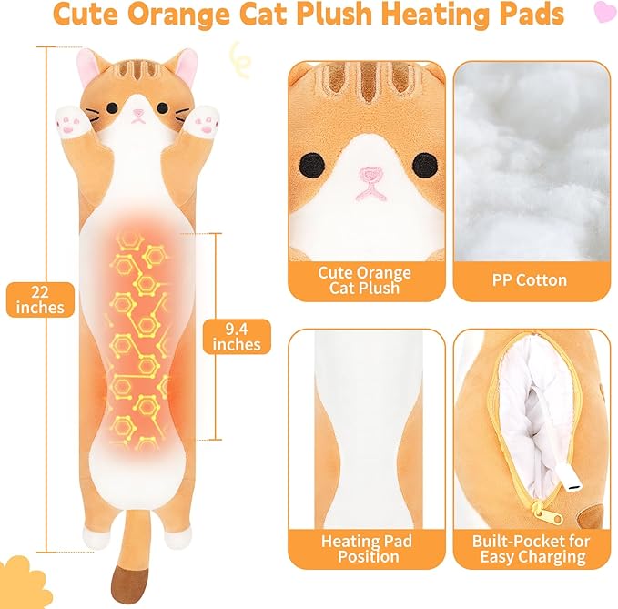 Cat Heating Pad-USB Heated Plush Stuffed Animals for Period Cramps and Menstrual Pain Relief,22” Portable Electric Kitten Heating Pads,Soft Built-Pocket Plush Women Girls Birthday,Orange