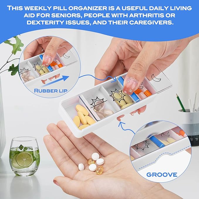 Weekly Pill Organizer 7 Day AM/PM – 4 Compartments per Day, Arthritis Friendly Pill Case with Better Grip Design, Medicine Planner for Vitamins, Supplements, and Medications – Easy to Use Pillbox