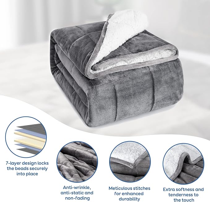 Cottonblue Sherpa Fleece Weighted Blanket 15 Pounds Queen Size 60” x 80 Heavy Weighted Blankets for Adults Perfect for 150-210 lbs, Soft Cozy Fuzzy Blankets 60x80 inches, Idea Gifts, Gray