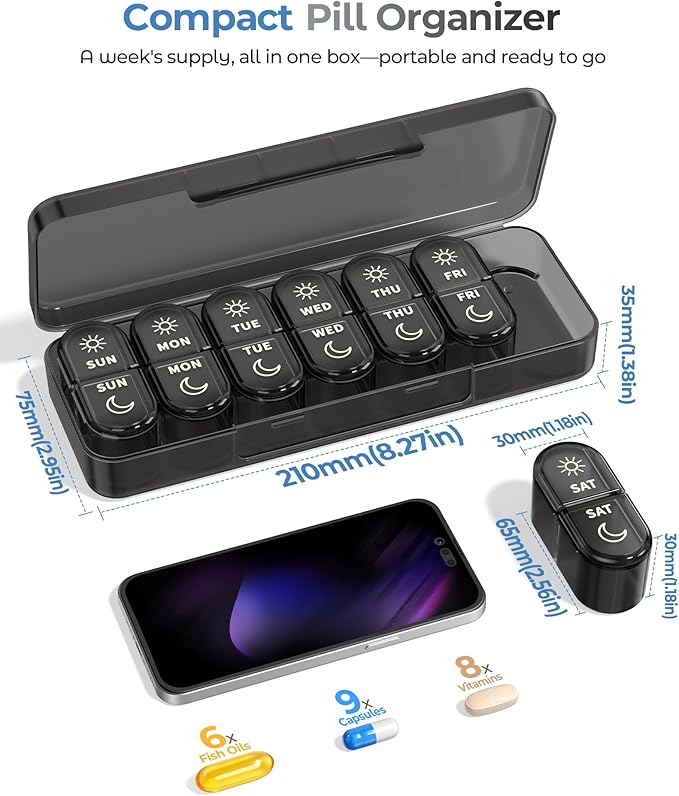 Weekly Pill Organizer 7 Day AM PM - Travel Pill Box 2 Times a Day with One-Hand Easy-Open Lid, 14 Compartments Portable Medicine Case for Daily Vitamins, Fish Oil, Pills and Supplements