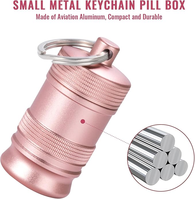 Portable Keychain Pill Holder Case - Small Waterproof Aluminium Alloy Portable Pill Box, Metal Pill Container for Purse Daily Medicine Carrier Organizer Bottle for Outdoor Camping Travel 2 Pack Pink