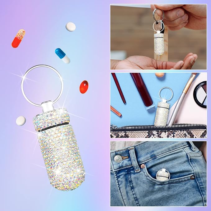 Yuchew Bling Pill Case Pill Container Rhinestone Pill Box Portable Waterproof Pocket Pill Holder Storage Bottle with Keychain for Travel, Outdoor, Camping (AB Color)