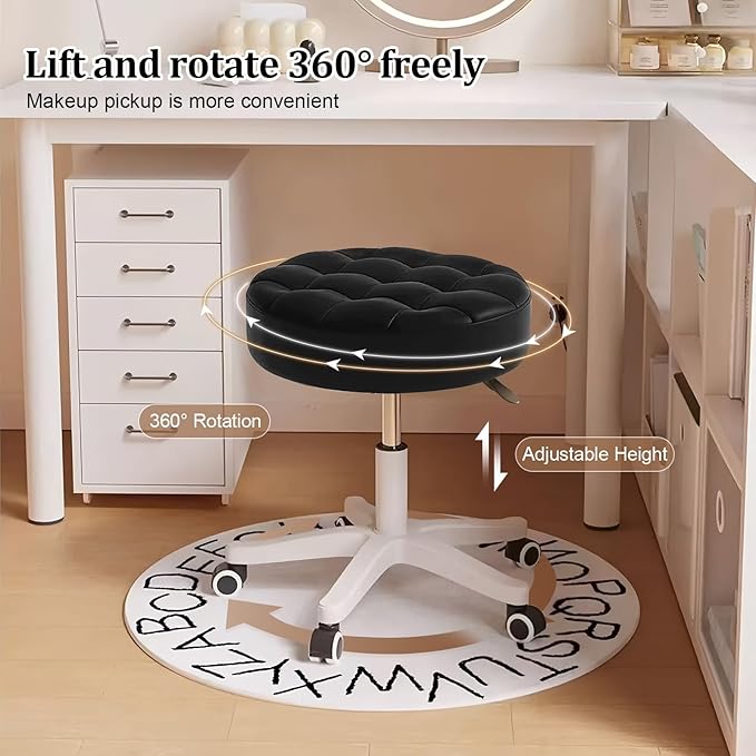 Small Rolling Stool with Wheels, PU Leather Height Adjustable Vanity Work Task Stool, 360 Swivel, Padded Seat Cushion,for Salon, Home, Office