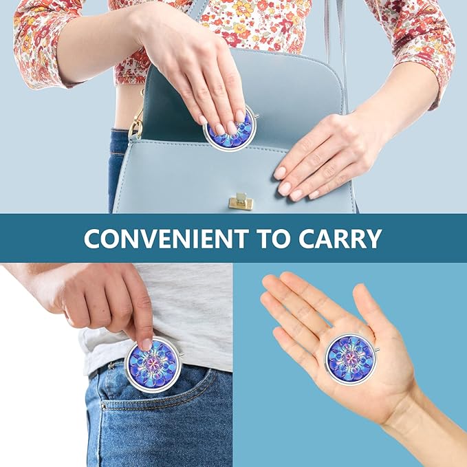 Pill Box 3 Compartment Small Pill Case,Portable for Pocket or Purse Pill Organizer Pill Container Holder to Hold Vitamins, Medication, Fish Oil and Supplements(Mandala Navy Blue)