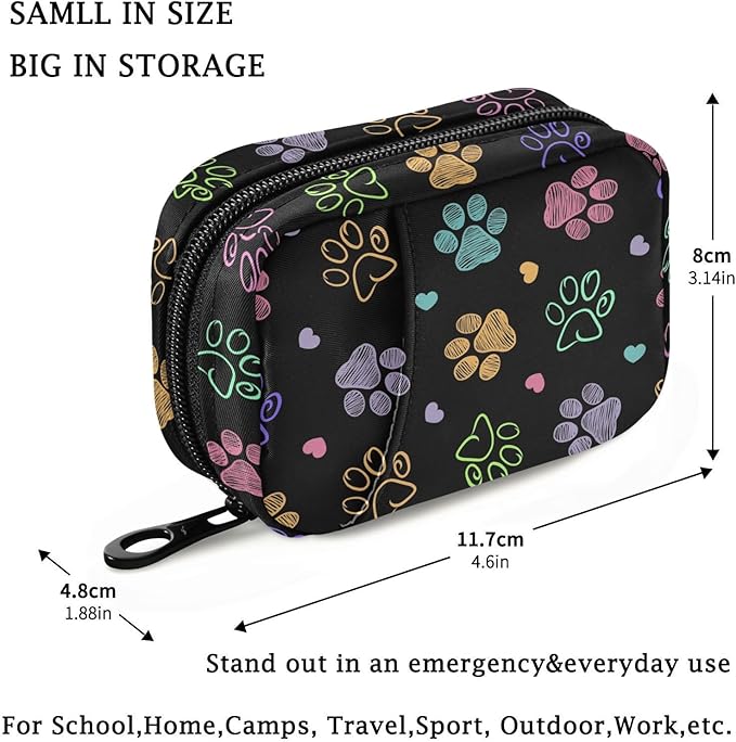 Fustylead Colorful Doodle Cute Paw Print Travel Pill Organizer Case Zipper for Purse with Removable Weekly Pill Box for Medicine, Vitamin, Supplement Medicine Organizer