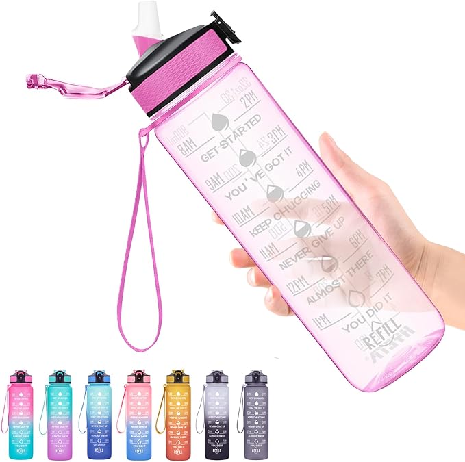Hyeta 32 oz Water Bottles with Times to Drink and Straw, Motivational Water Bottle with Time Marker, Leakproof, Drinking Sports Water Bottle for Fitness, Gym and Outdoor
