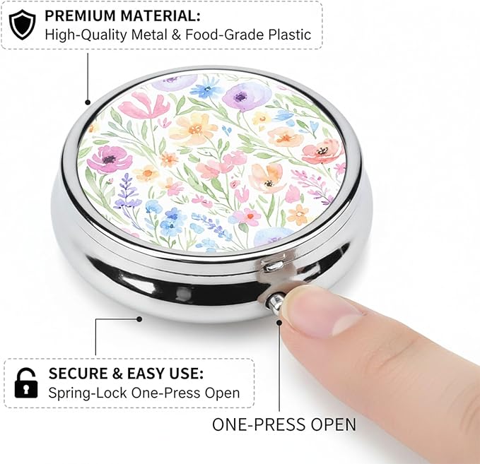 Round Pill Case Small Pill Box with Mirror Pocket 3 Compartment Vitamin Pill Medicine Case Organizer Pill Containers for Traveling Oil-Painted Wildflowers One