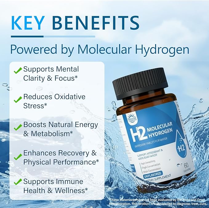Molecular Hydrogen (H2) Tablets with Magnesium – 12 PPM Hydrogen Water Tablet for Drinking Water, Antioxidant-Rich, Supports Cellular Health, Recovery & Cognitive Function – Unflavored, 60 Tablets