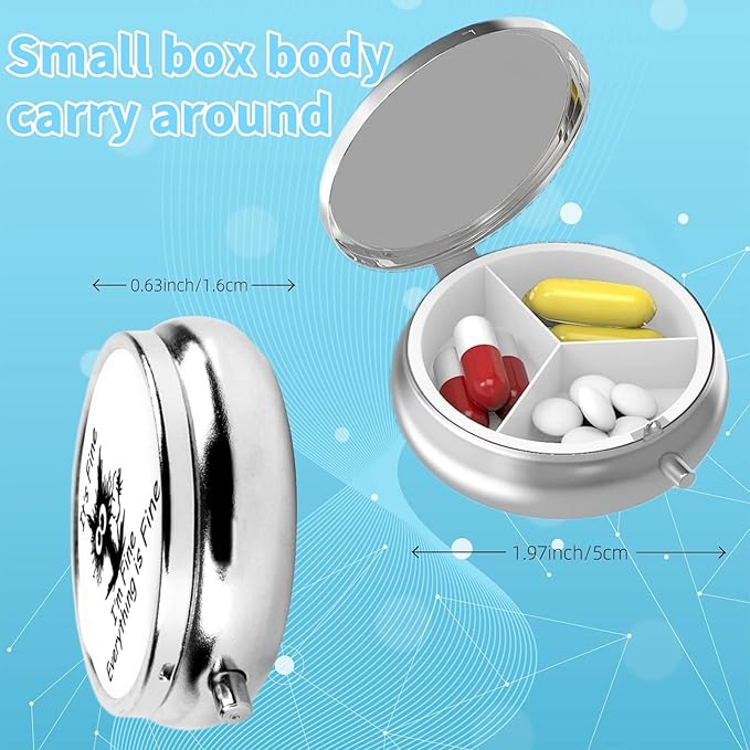 3 Compartment Travel Pill Case, Sealed Portable Pill Container Mini Size Metal Pill Box for Pocket Purse, Three Times a Day Pill Organizer for Men, Women and Children - Everything is Fine