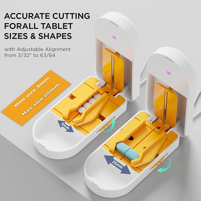 Pro U | V C-Pill Cutter & Organizer - Luminescent LED Status Light | 3-25mm Adjustable Blades | Splinter-Free Cutting | Detachable Washable Compartment (Orange)
