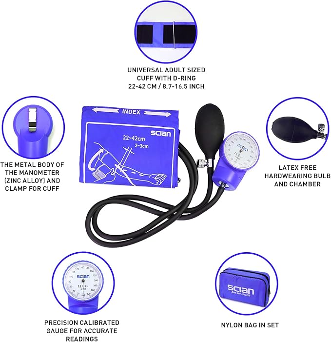 Scian Sphygmomanometer - Blood Pressure Cuff Manual with D-Ring Universal Cuff 10-16", Come with Carrying Bag for Nurse Doctor Senior Adult(Blue, Stethoscope Not Included)
