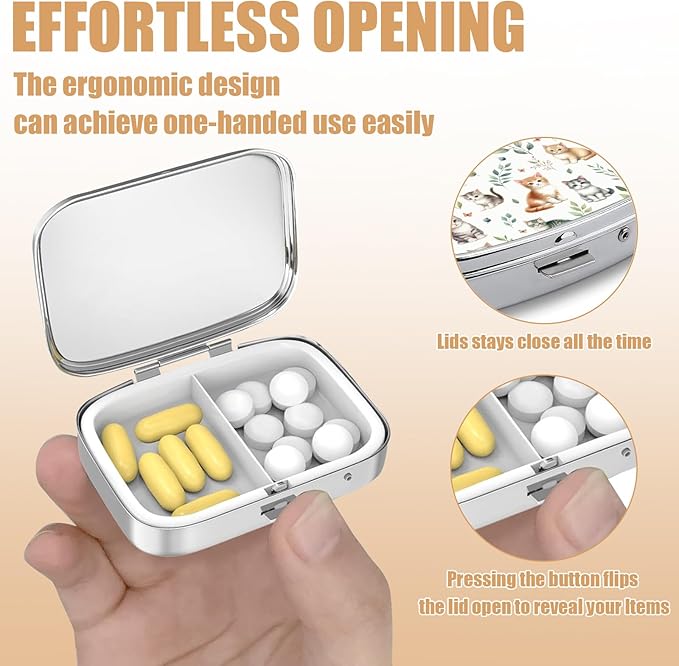 Pill Box-2 Compartment Small Pill Case Square Organizer Case with Mirror Portable Metal Medicine Box Travel Container for Pocket & Purse Women Men(Cat Lover)