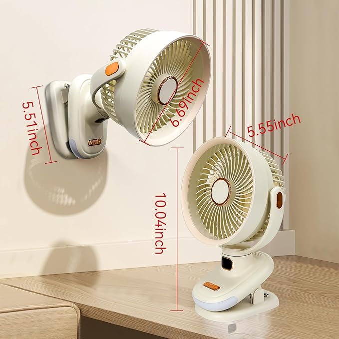 Portable Clip on Fan, Battery Operated Small Powerful USB Desk Fan with Night Light & LED Display Screen, Mini Table Fan, 360° Rotate Personal Fan for Home Office Stroller Camping (Beige)