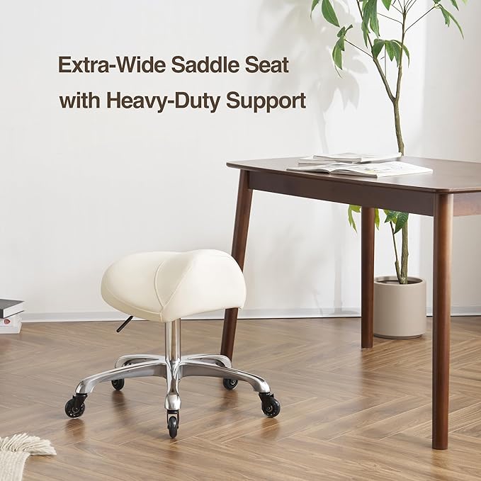 Heavy-Duty Ergonomic Pneumatic Swivel Rolling Saddle Stool with Extra Wide Seat for Hygienic Clinic Spa Massage Home and Office - 505 KIMO (Vanilla)