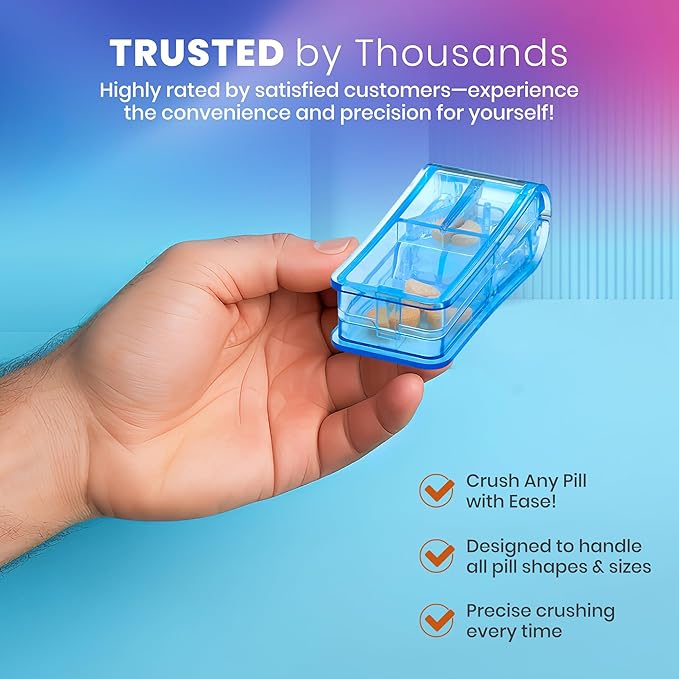 Pill Cutter - V- Grip Pill Crusher and Cutter for Vitamins, Big & Small Pills, and Medication - Transparent Pill Splitter with Pill Holder Case to Split