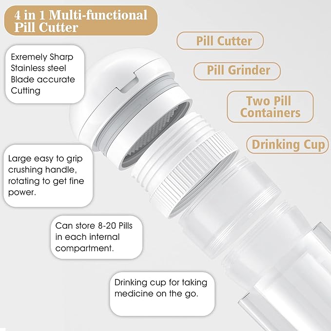 White-1 Pill Splitter and Cutter, Crushes Tablets, Vitamins, Stainless Steel Blade, Removable Drinking Cup