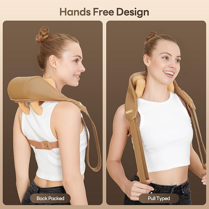 Neck Massager for Pain Relief Deep Tissue with Heat -Cordless Shiatsu 6D Kneading Massage for Neck,Shoulder,Christmas Gifts for Women/Men/Mom/Dad（PU-Yellow Brown）