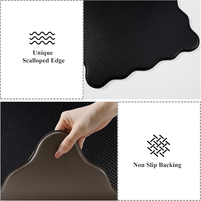 KIMODE Scalloped Kitchen Mats for Floor Cushioned Anti Fatigue,Wavy Kitchen Sink Rugs Sets of 2 Non Slip,Comfort Memory Foam Kitchen Floor Mat Carpet for Office Laundry,Black