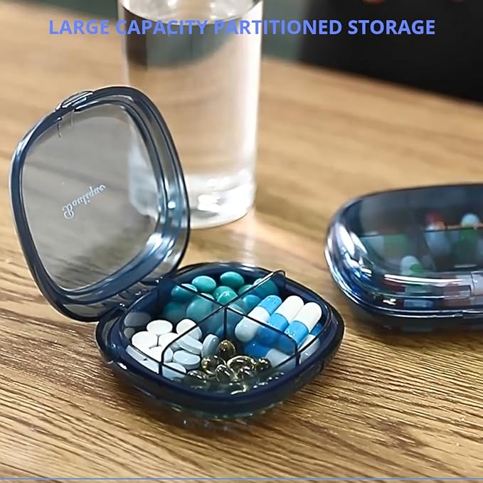 KOIALMA Portable Pills Organizer Box with 4 Compartments - Small Sized Medicine Storage Case with Sealed Compact Compartments. (Clean-Blue)