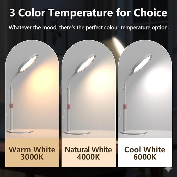 Light Therapy Lamp, LED Sunlight Lamp, 10000 Lux Full Spectrum Happy Therapy Desklamp with UV-Free,3 Color Temperature & 9 Brightness Level & Timer for Home, Office, Decoration (White A)