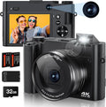 4K Digital Camera, 64MP Rear and Front Camera for Photography and Video Autofocus Anti-Shake, 3'' Selfie Flip Vlogging Camera with Ultra Bright Flash, Camera with Dial 16X Zoom (2 Batteries+Charger)