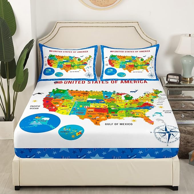 US Geography Bedding Set Queen Size, Geography USA Map Bed Sheet Set for Kids Boys Girls Teens Learning Educational Fitted Sheet Educational Map Bed Cover 3Pcs (No TOP Sheet)