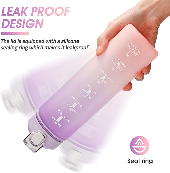 Motivational Water Bottle with Time Marker- 32oz Water Bottles with Times to Drink, Leakproof & BPA Free Sports Water Bottle with Straw & Carry Strap for Fitness, Gym, and Outdoor Sports