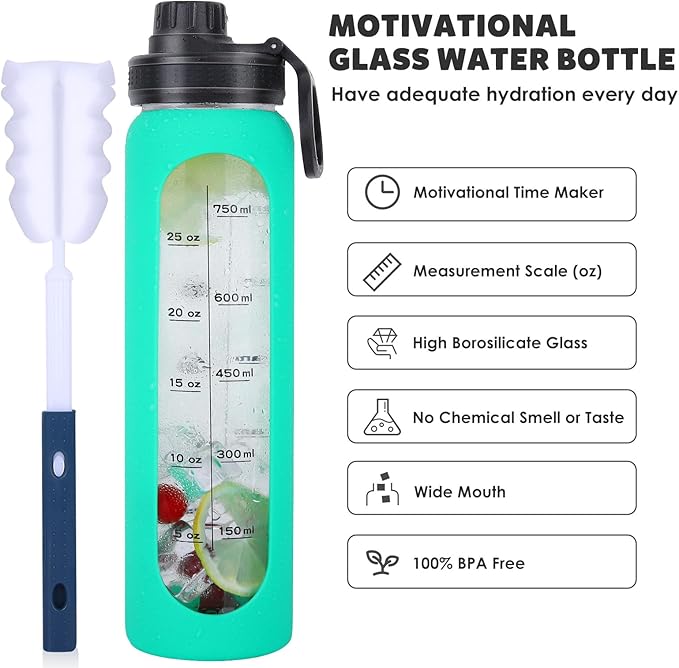 GIEMIT Glass Water Bottles 32oz with Silicone Sleeve Drinking Hydration Bottles Reusable Borosilicate Wide Mouth Motivational Water Flask Canteen with Time Marker Spout Lid and Brush (Green - 32 oz)