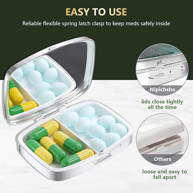Nipichsha Pill Box, Small Pill Case for Purse & Pocket, Cute Travel Medicine Organizer, Portable Medicine Container Holder to Hold Vitamins, Medication, Fish Oil & Supplements, Ocean Marble