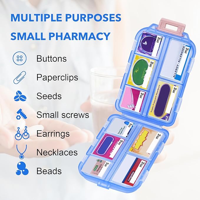 1Pack Travel Pill Organizer with 189 Medicine Labels, 10 Compartments Small Pill Case Compact and Portable Travel Pill Box for Airplane Car Purse Nurse Vacation Essentials