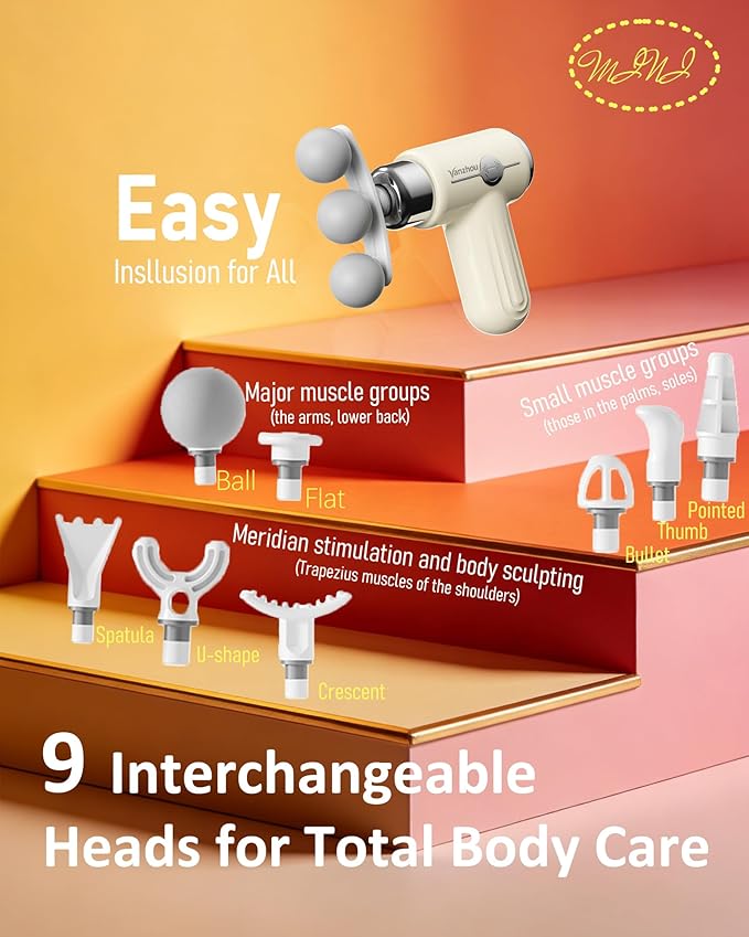 Mini Massage Gun Deep Tissue, Portable Handheld Massage Gun for Muscle Recovery, Quiet Percussion Massager with 9 Heads, Lightweight USB-C Rechargeable Massage Gun for Travel, Gym & Office