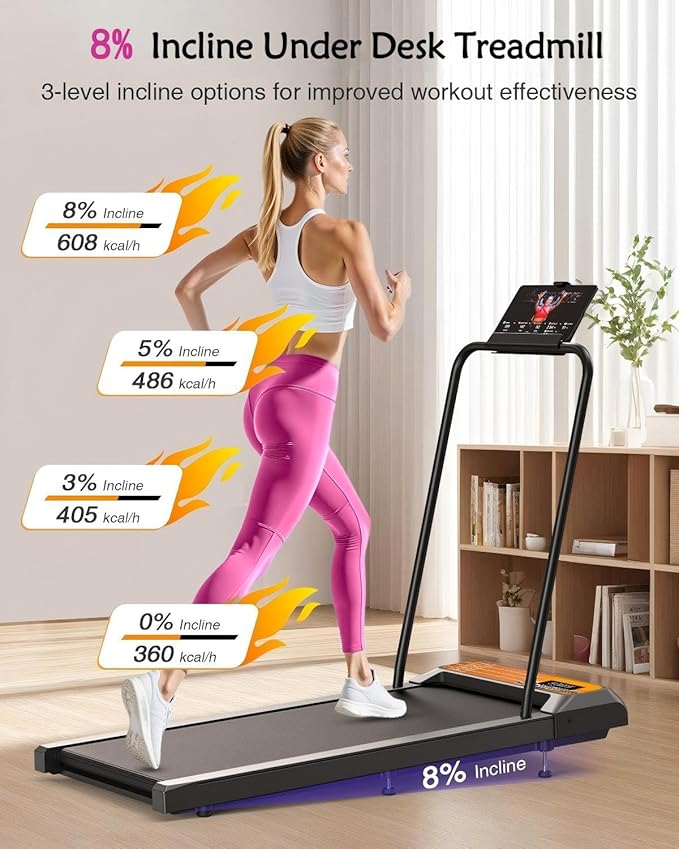 Walking Treadmill Pad with Removable Handle,2.5HP Portable Treadmills for Home &Office, Under Desk Treadmill with 8% Incline，Treadmill with Remote Control &LED Display